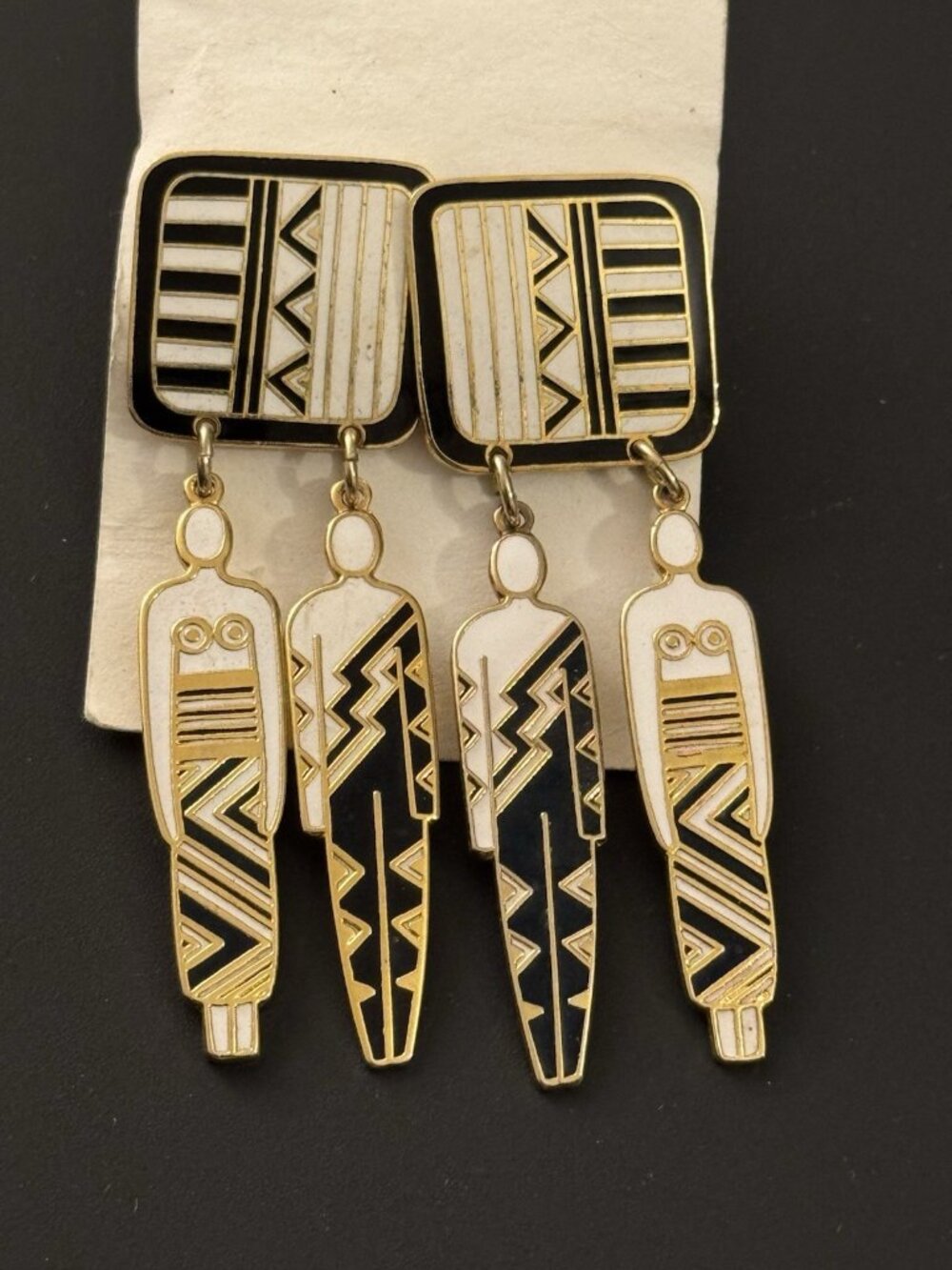 Vintage Laurel Burch Man Black & White Enamel Dangle Earrings LF9